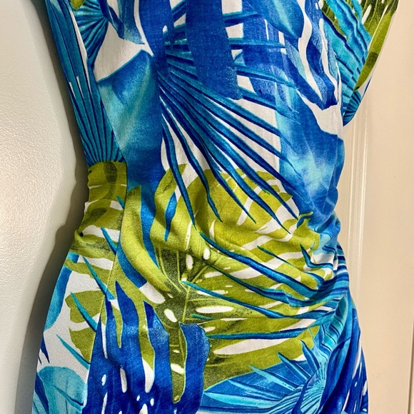 Cache Blue and Green Dress Tropical Leaf Ruched Bodycon Faux Wrap Size Small - Picture 6 of 9